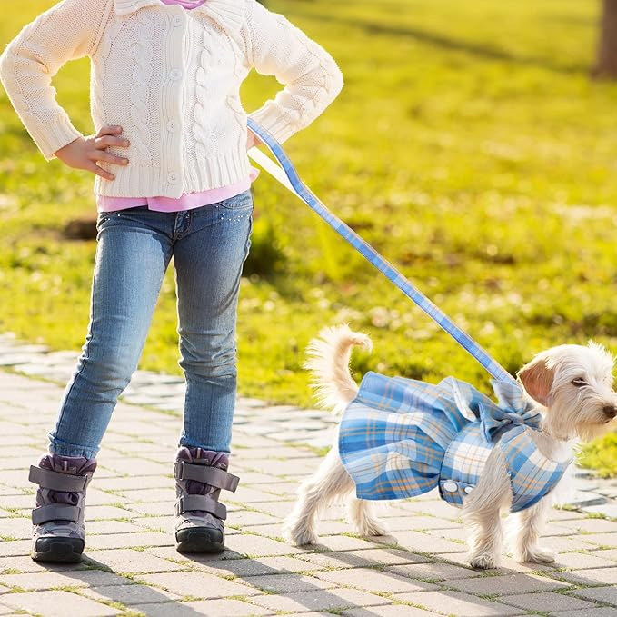 4 Pcs Cute Plaid Dog Dress Set with Bow Tie Harness & Leash for Small Dogs, Puppy Clothes for Girls Summer Outfits(Xs,Dark Color)