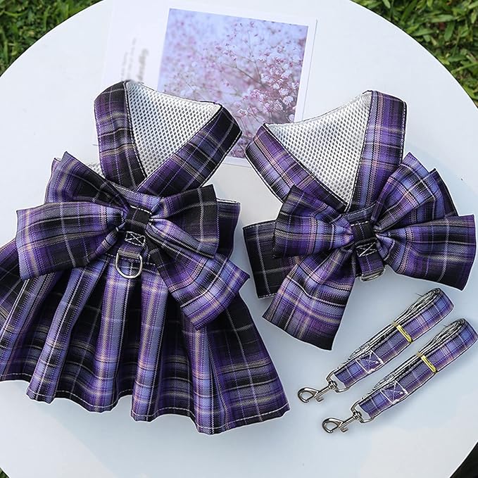 Dog Harness and Leash Set, Cute Bow Tie Plaid Harnesses for Puppy Cat, Adjustable Pet Kitties Vest, Breathable Harness Traction Rope for Boy Girl Small Animal(Skirt Purple,S for 3.3-5.5lbs Dog)