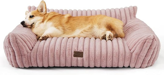 Bedsure Cute Dog Couch - Fluffy Dog Sofa with Premium Soft Corduroy Fleece, Washable Cover, Supportive for Medium Large Dogs, 36in, Blush Pink