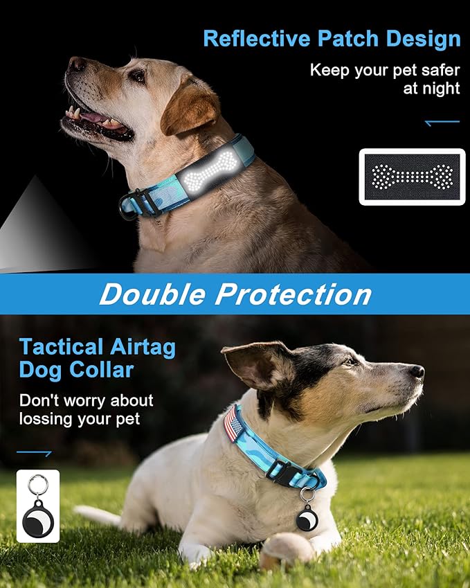Hotsky Tactical Dog Collar and Leash Set, Heavy Duty Military Airtag Dog Collar with Handle and Metal Buckle for Training and Walking, with Airtag Holder and Two Patches (Blue Camo, M)