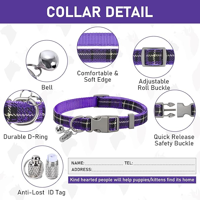 GAMUDA Dog Harness Collar and Leash Set, Dog Harness, No Chock No Pull Adjustable Vest Harnesses Plaid Reflective for Medium Dog, Cat, Small Horse, Small Bull and Pig (Purple, XL)