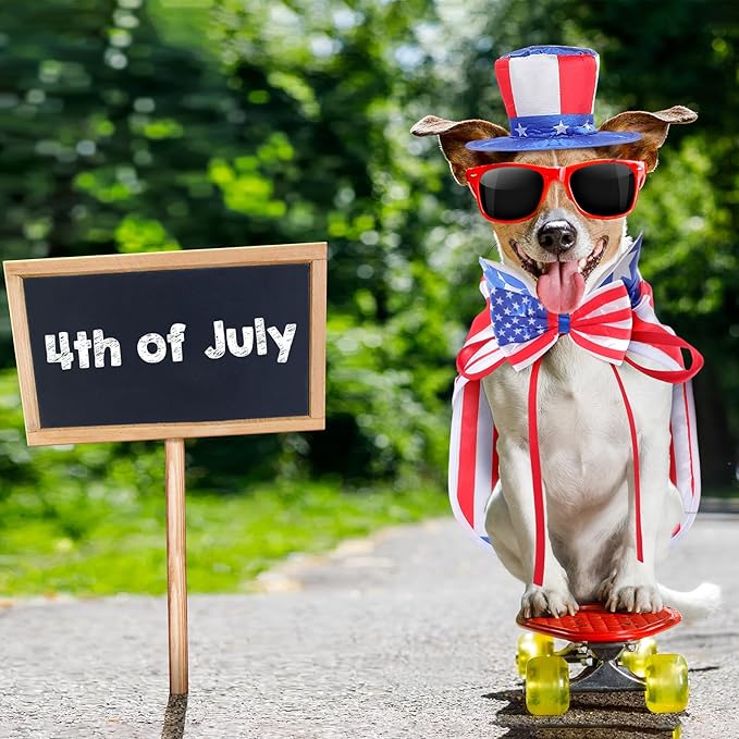 JaGely 3 Pcs Dog 4th of July Outfit Independence Day Costume Set Includes Dog Top Hat, American Flag Bow Tie Collar and American Flag Cape Pet Clothes for Dogs Puppy Cats Kitten(M)