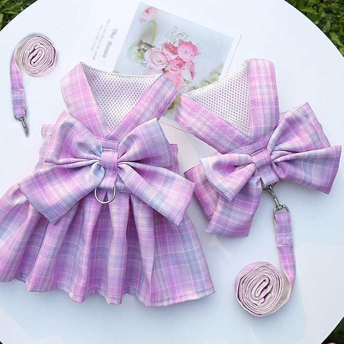 Dog Harness and Leash Set, Cute Bow Tie Plaid Harnesses for Puppy Cat, Adjustable Pet Kitties Vest, Breathable Harness Traction Rope for Boy Girl Small Animal(Skirt Light Pink,XS for 1.1-3.3lbs Dog)