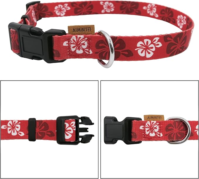 Dog Collar, Cute Floral Pattern, Soft and Adjustable Collar with Quick Release Buckle (XS (Neck 9-13", Width 3/8"), Hawaiian Red)