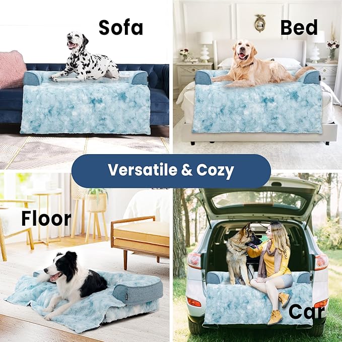 Calming Dog Couch Bed for Large Dog, 41 x 37 inch Waterproof Memory Foam Dog Bed for Couch, Durable Fluffy Fuzzy Dog Bed Mats with Washable Removable Cover Protector for Sofa, Tie-Dry Blue