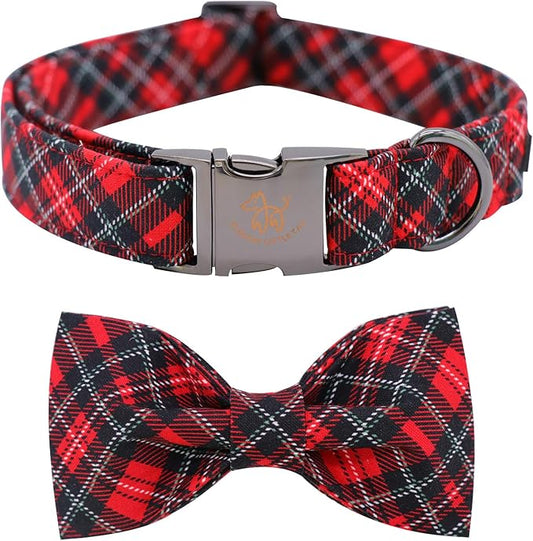 Elegant little tail Christmas Dog Collar, Pet Collar Plaid Soft with Comfy Bowtie Dog Collar Holiday Adjustable Pet Gift Collars for Small Medium Large Dogs