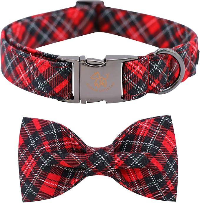 Elegant little tail Christmas Dog Collar, Pet Collar Plaid Soft with Comfy Bowtie Dog Collar Holiday Adjustable Pet Gift Collars for Small Medium Large Dogs