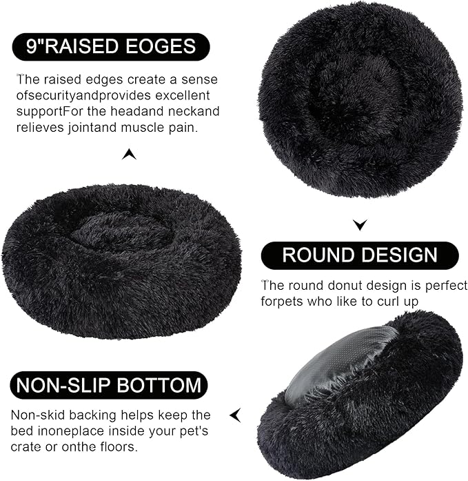 Dog Bed Calming Beds for Small Medium Large Dogs - Round Donut Washable Puppy Dog Bed, Anti-Slip Faux Fur Fluffy Donut Cuddle Anxiety Cat Pet Bed(32'' Black)
