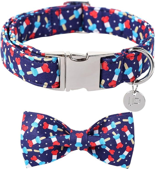 American Flag Dog Collar with Bow Tie, 4th of July Comfortable Cotton Cute Dog Collar with Metal Buckle, Patriotic Bowtie Collar for Puppy Girl Boy Dog or Cat, XS