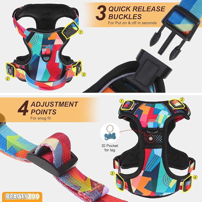 BEAUTYZOO No Pull Dog Harness Medium,Adjustable Dog Harness and Leash Set -Easy Wearing with 3 Buckles/Control Handle,No Choke Soft Padded Reflective Pet Vest for Training Walking Hiking, M