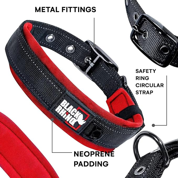 Black Rhino Dog Collars for Medium Dogs - Adjustable Reflective Heavy Duty Dog Collar with Ultra-Soft Neoprene Padding - Weatherproof, Durable, and Comfortable - Ideal for Active Dogs - Red and Black
