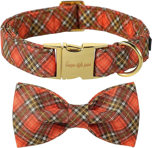 Unique Style Paws Cotton Dog Collar with Bow Halloween Pumpkin Plaid Dog Collar with Bow Tie for Small Medium Large Dogs Pets Gifts