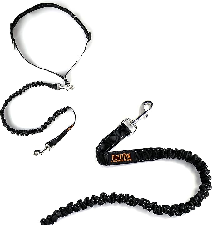 Mighty Paw Hands Free Dog Leash | Bungee Waist Leash for Dog Walking. Pet Running Hands Free Tether for Large, Medium & Small Breeds. Pet Waist Belt (36" - 48") Up to 150 lbs - Black