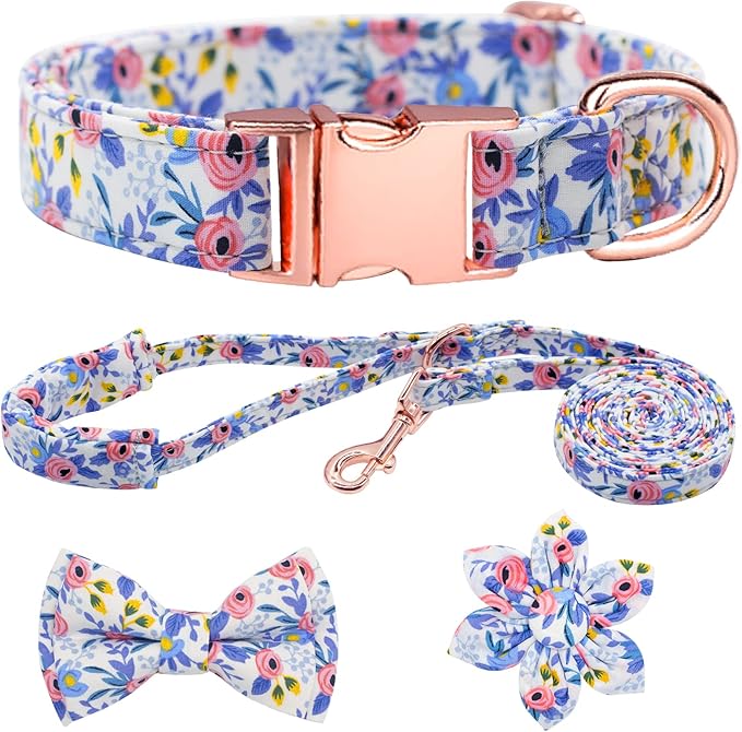 Dog Collar and Leash Set Girls Adjustable Puppy Collars with Floral Bow Tie for Small Medium Large Female Dogs, Blue Flower, XS