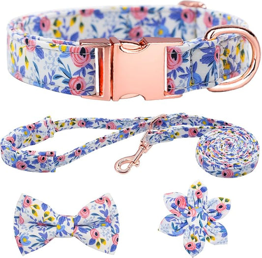 Dog Collar and Leash Set Girls Adjustable Puppy Collars with Floral Bow Tie for Small Medium Large Female Dogs, Blue Flower, XS