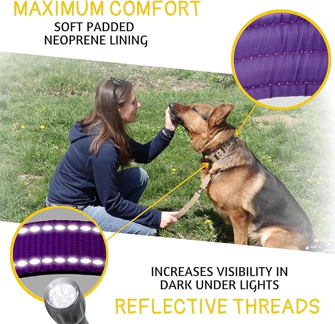 ADITYNA Heavy Duty Dog Collar for Medium Dogs - Reflective Purple Collar with Handle for Training, and Walking - Wide, Thick, Tactical, Soft Neoprene Padded
