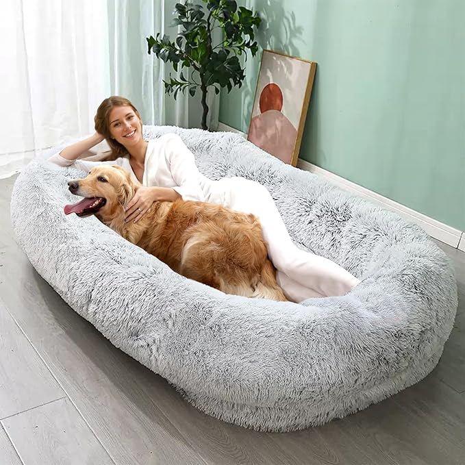 JOLLYVOGUE Human Dog Bed for Adults and Pets, Ultra-Soft Plush Giant Dog Bed with Egg Crate Foam, Non-Slip Base, and Machine Washable Cover - Perfect for Relaxation and Napping, Light Grey