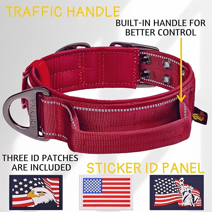 ADITYNA Heavy Duty Dog Collar for Extra-Large Dogs - Reflective Burgundy Collar with Handle for Training, and Walking - Wide, Thick, Tactical, Soft Neoprene Padded