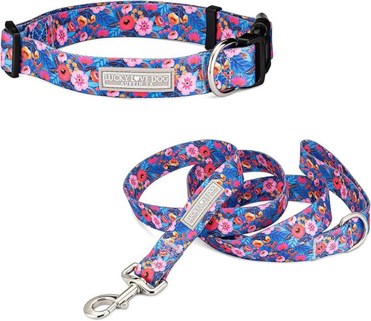 Lucky Love Dog Combo Set, Big Dog Collar & Leash Set for Large Dogs, Colorful Matching Collar and Leash Set for Girl or Boy Dogs, Stripes, Zuzu Combo, Large