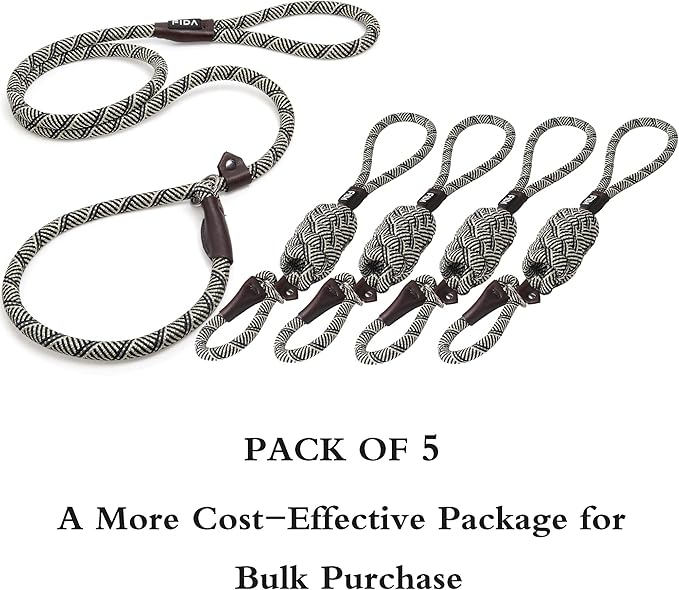 Fida Durable Slip Lead - Bulk Pack of 5, Heavy Duty 1/2" x 6 FT Comfortable Strong Rope Dog Leash for Large, Medium & Small Dogs, No Pulling Pet Training Leash with Highly Reflective Grey