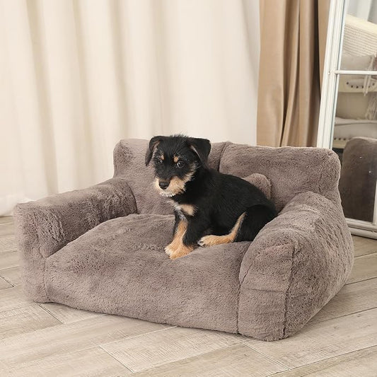 Extra Wide Fluffy Cat Bed, Small Dog Bed with Bone Shaped Pillow, Anti-Anxiety Pet Couch with Washable Cover, Brown