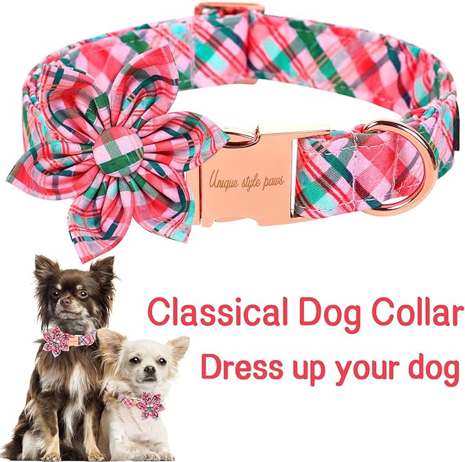 Unique style paws Dog Collar with Flower Pink & Green Plaid Dog Collar Best Gifts for Small Medium Large Dogs -XS