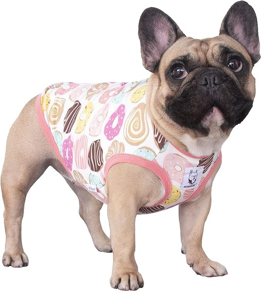 iChoue 100% Breathable Cotton French Bulldog Halloween Cartoon T Shirts Cute Clothes for Medium Dogs Vest Tank Tops Frenchie English Boston Terrier Pitbull Donuts - Large Plus