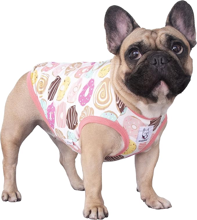 iChoue 100% Breathable Cotton French Bulldog Halloween Cartoon T Shirts Cute Clothes for Dogs Vest Tank Tops Puppy Frenchie Pug Small Puppy English Boston Terrier Donuts - Medium