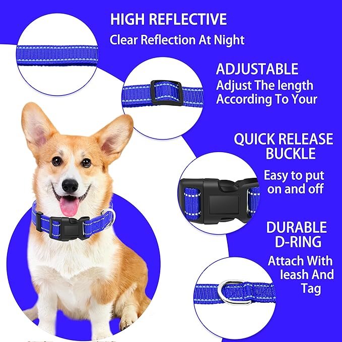 Reflective Dog Collar with Safety Locking Buckle, Adjustable Soft Breathable Nylon Collars for Small, Medium and Large Dogs(Collar+Leash S Width 5/8" Navy Blue)