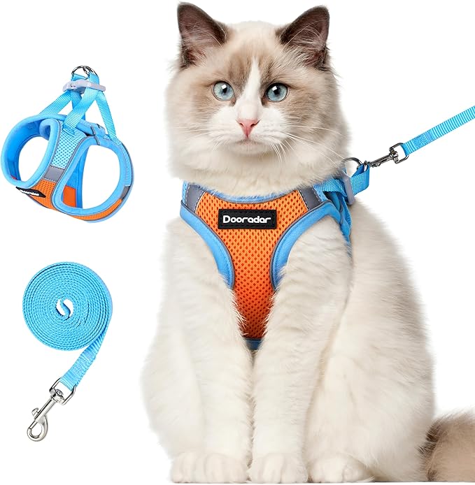 Dooradar Cat Harness and Leash Set, Escape Proof Lightweight Kitten Harness, Soft Breathable Reflective Vest for Outdoor Walking Traveling, Adjustable for Large Cats, Orange & Blue, L