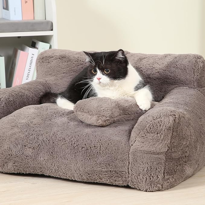 Extra Wide Fluffy Cat Bed, Small Dog Bed with Bone Shaped Pillow, Anti-Anxiety Pet Couch with Washable Cover, Brown