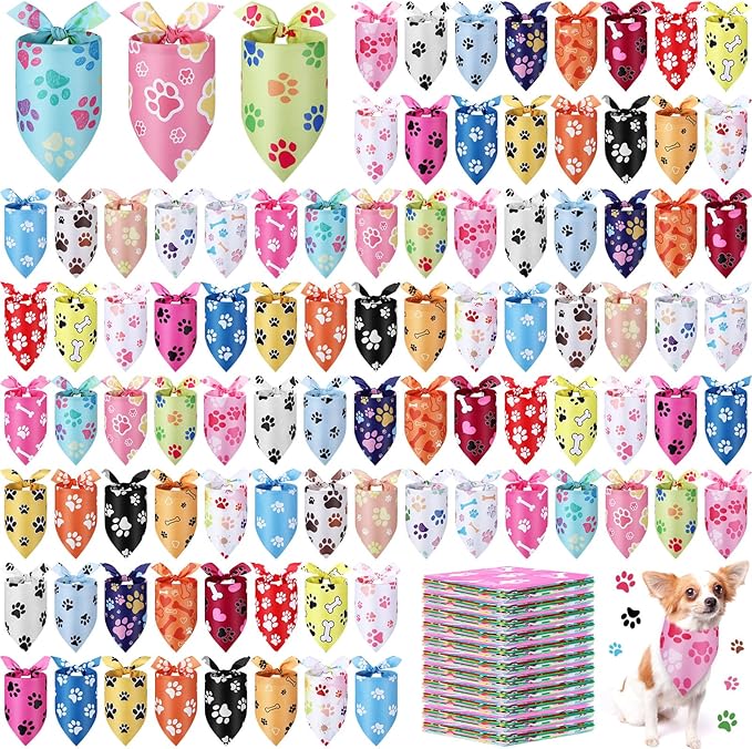 Abbylike 200 Pieces Paw Print Dog Bandanas Bulk Paw Bandanas for Dogs Pets Triangle Kerchief Bibs for Puppy Pet Cats Party Costume Accessories