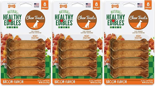 Nylabone Healthy Edibles Long Lasting Chew Treats. (3) 8 Count Packs of Bacon Flavor Treats for X-Small/Petite Dogs. 24 Total Treats.