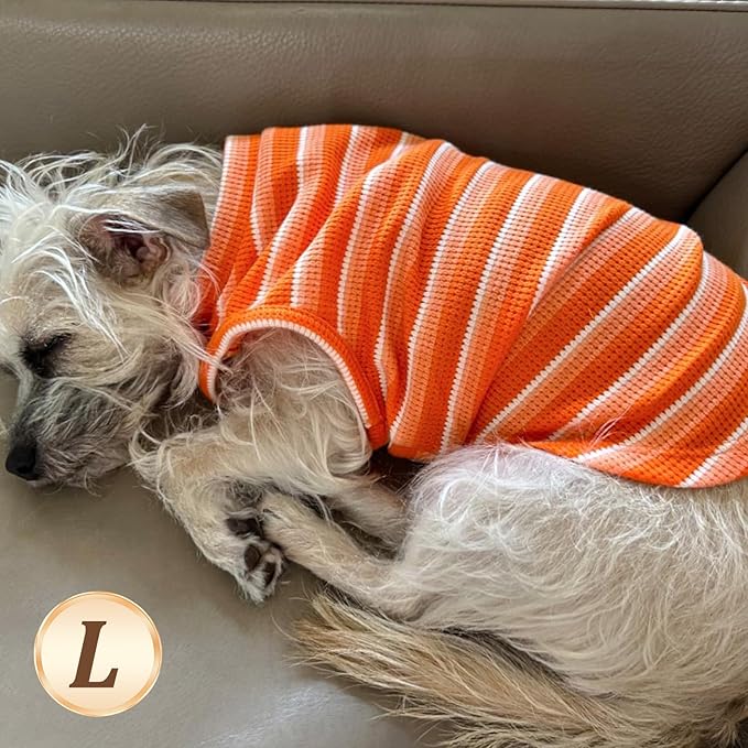 KYEESE 2Pack Waffle Dog Shirts for Small Dogs Stretchy T-Shirts Lightweight Tank Top Sleeveless Striped Shirt Vest Breathable Cat Shirt, Large, Orange+Striped