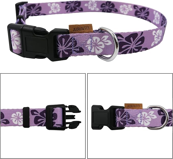 Dog Collar, Cute Floral Pattern, Soft and Adjustable Collar with Quick Release Buckle (XS (Neck 9-13", Width 3/8"), Hawaiian Purple)