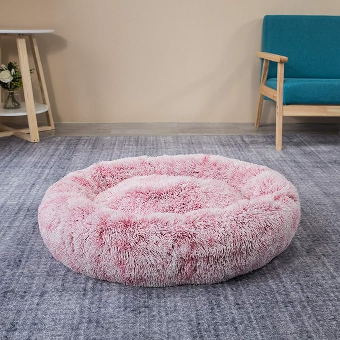 Coohom Oval Calming Donut Cuddler Dog Bed,Shag Faux Fur Cat Bed Washable Round Pillow Pet Bed(30"/36"/43") for Small Medium Dogs (XL(36"x27"x7"), Red)