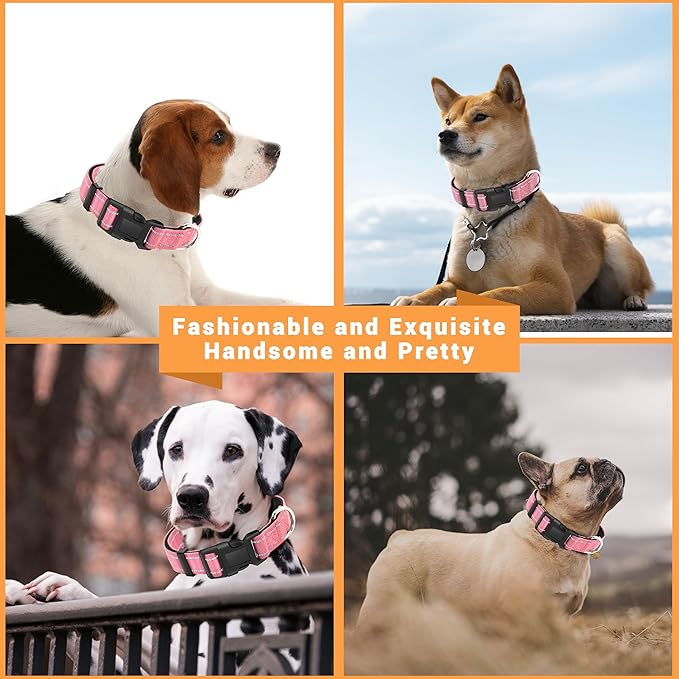 2 Pack Reflective Dog Collar with Safety Locking Buckle, Adjustable Soft Breathable Comfortable Nylon Pet Collar for Small, Medium and Large Dogs, Pink, XL
