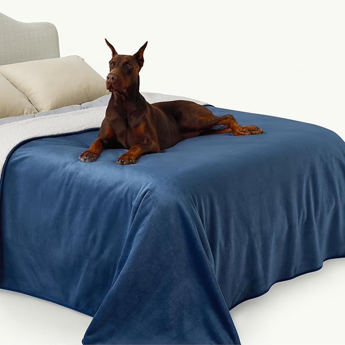 Bedsure Waterproof Blanket for Bed - Sherpa Fleece Waterproof Dog Blankets for Large Dogs, Pet Blankets for Bed/Couch/Dog Crate, Soft Plush Reversible Furniture Protector, King Size, 108"x86", Blue