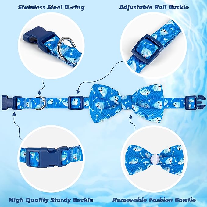 azuza Dog Collar with Bow Tie, Soft and Comfortable Adjustable Bowtie Dog Collar for Large Dogs (L, Shark)