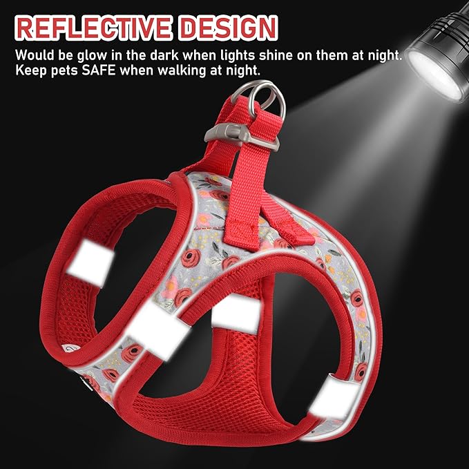 GAMUDA Small Dog Harness Collar and Leash Set, Step in No Chock No Pull Soft Mesh Adjustable Dog Vest Harnesses Plaid Reflective for Dogs Puppy Cats Kitten Rabbit (Red Flower, L)