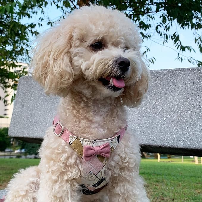 Puppytie No Pull Dog Harness with Multifunction Dog Leash,Soft Adjustable No Choke Escape Proof Pet Harness Vest for Medium Dogs,Suede Bow Pink,M