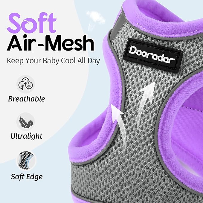 Dooradar Cat Harness and Leash Set, Escape Proof Lightweight Kitten Harness, Soft Breathable Reflective Vest for Outdoor Walking Traveling, Adjustable for Large Cats, Grey & Purple, L