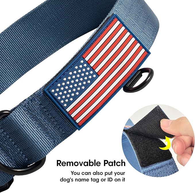 KCUCOP Heavy Duty Dog Collar - Adjustable Tactical Military Dog Collars with Metal Buckle, Quick Release, 2 D-Rings & Flag Patch for Medium & Large Dogs(Blue-L)