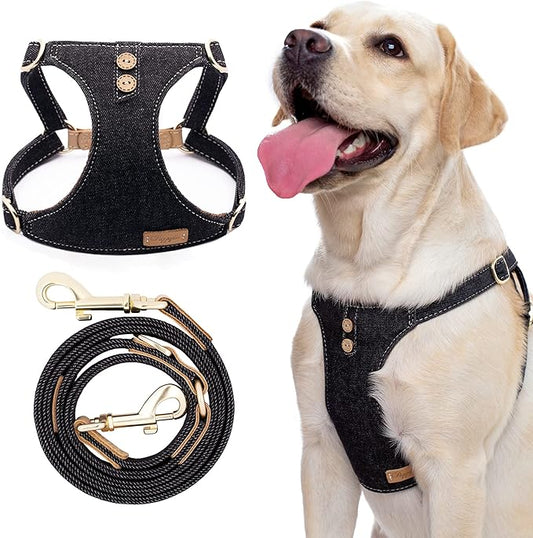 Dog Harness, No Pull Dogs Harness and Multi-Function Leash Set for Medium Dogs Easy Walk Everyday Adjustable Soft Dog Vest Harness Fashionable Dog Accessories Black-Button-Slim Large