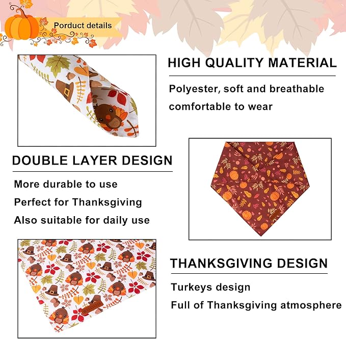 ADOGGYGO Thanksgiving Dog Bandana, Pumpkin Turkey Pet Scarf, Multi Size Offered, Fall Autumn Leaves Thanksgiving Bandanas for Medium Large Dogs Pets (Large)