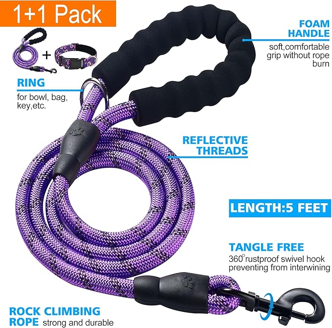 Reflective Dog Collar Padded with Soft Neoprene Breathable Adjustable Nylon Dog Collars for Small Medium Large Dogs (Large (Pack of 1), Purple/Pink Floral Collar+Leash)