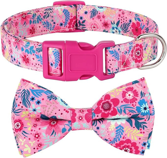 Didog Floral Dog Collar with Bow, Cute Girl Dog Collars with Detachable Bowtie, Soft & Comfy Spring Summer Dog Collar for Small Medium Large Dogs Gift Holiday, Hot Pink, L