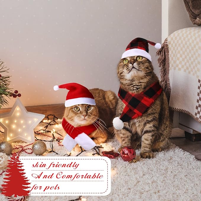 Oudain 10 Pieces Christmas Cat Santa Hats with Scarf and Collar Set, Christmas Cat Costumes Pet Santa Hat Scarf Set Puppy Dog Xmas Hat Outfit for Cats Small Dogs Puppy Accessories