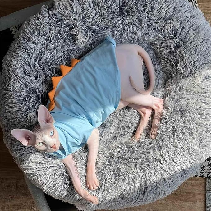 Dinosaur Sphynx Hairless Cat Clothes Cute Summer Cotton Shirts Cat Costume Pet Clothes Kitten T-Shirts Cats Small Dogs Apparel (Lake Blue, M (5-6.5 lbs))