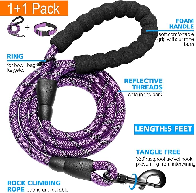 Reflective Dog Collar Padded with Soft Neoprene Breathable Adjustable Nylon Dog Collars for Small Medium Large Dogs (X-Small (Pack of 1), Purple Collar+Leash)